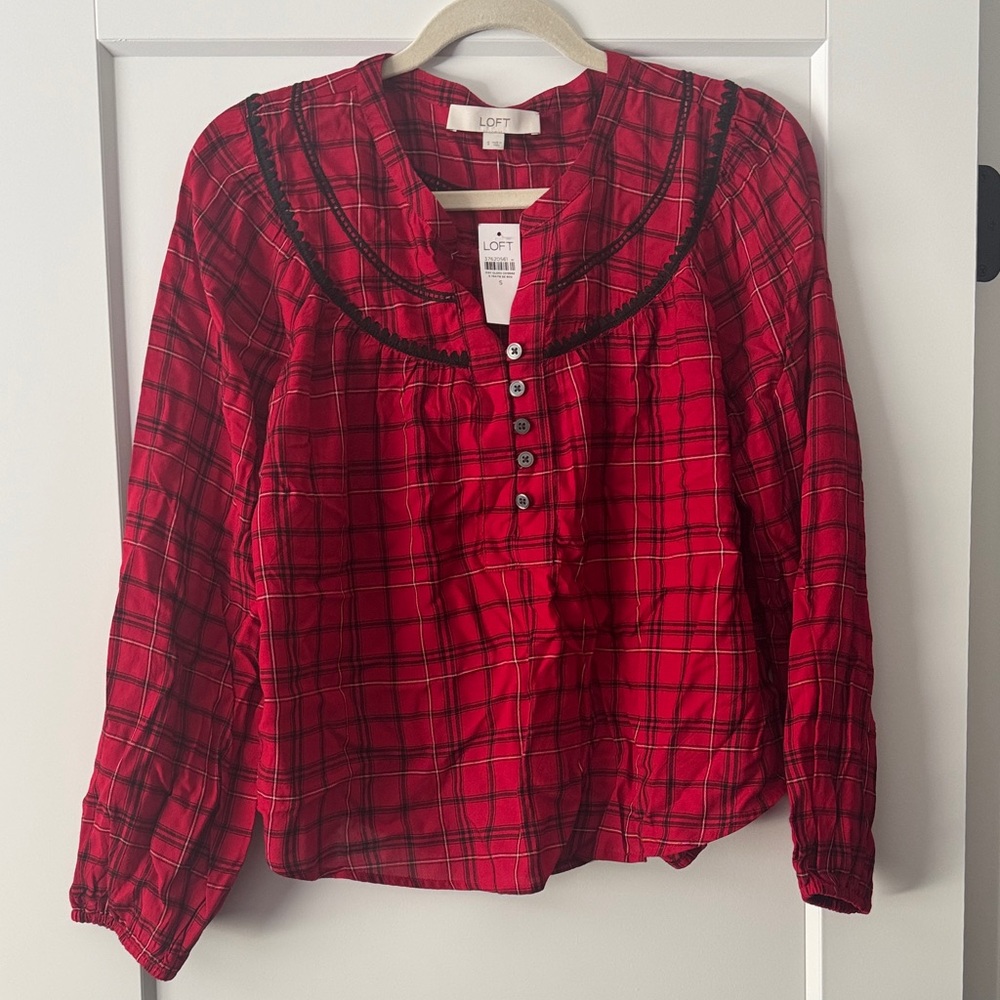 LOFT Red Checkered Blouse with Black Accents